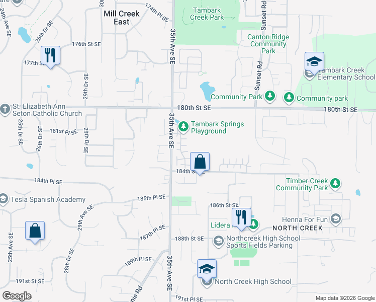 map of restaurants, bars, coffee shops, grocery stores, and more near 3615 183rd Place Southeast in Bothell