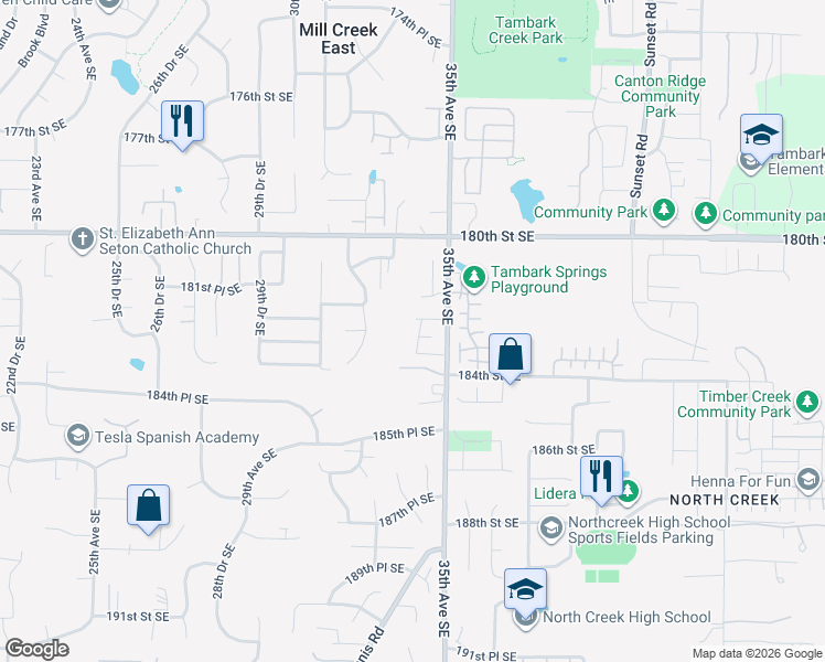 map of restaurants, bars, coffee shops, grocery stores, and more near 18228 34th Avenue Southeast in Bothell