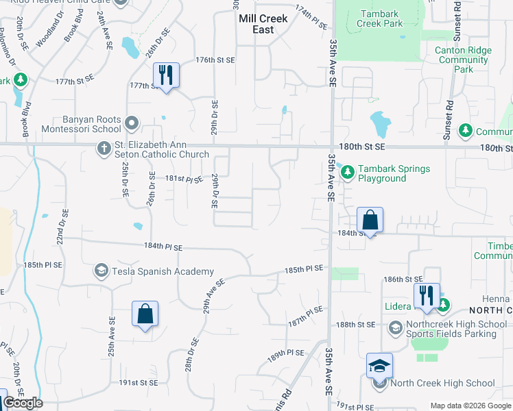 map of restaurants, bars, coffee shops, grocery stores, and more near 3118 183rd Street Southeast in Bothell