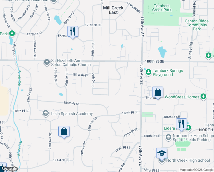 map of restaurants, bars, coffee shops, grocery stores, and more near 3023 183rd Street Southeast in Bothell