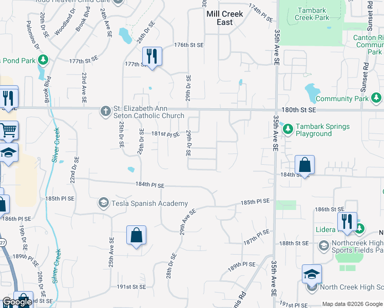 map of restaurants, bars, coffee shops, grocery stores, and more near 18225 29th Drive Southeast in Bothell