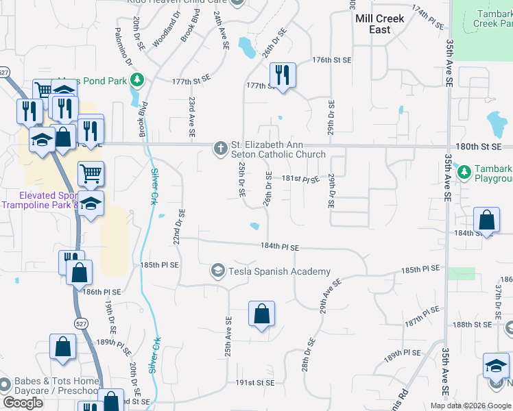 map of restaurants, bars, coffee shops, grocery stores, and more near 18220 26th Drive Southeast in Bothell