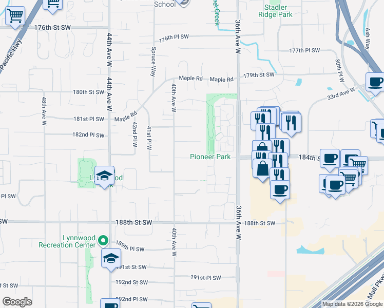map of restaurants, bars, coffee shops, grocery stores, and more near 3903 184th Place Southwest in Lynnwood