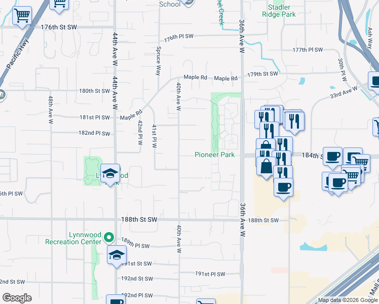 map of restaurants, bars, coffee shops, grocery stores, and more near 3903 184th Place Southwest in Lynnwood