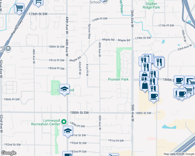 map of restaurants, bars, coffee shops, grocery stores, and more near 18400 40th Avenue West in Lynnwood