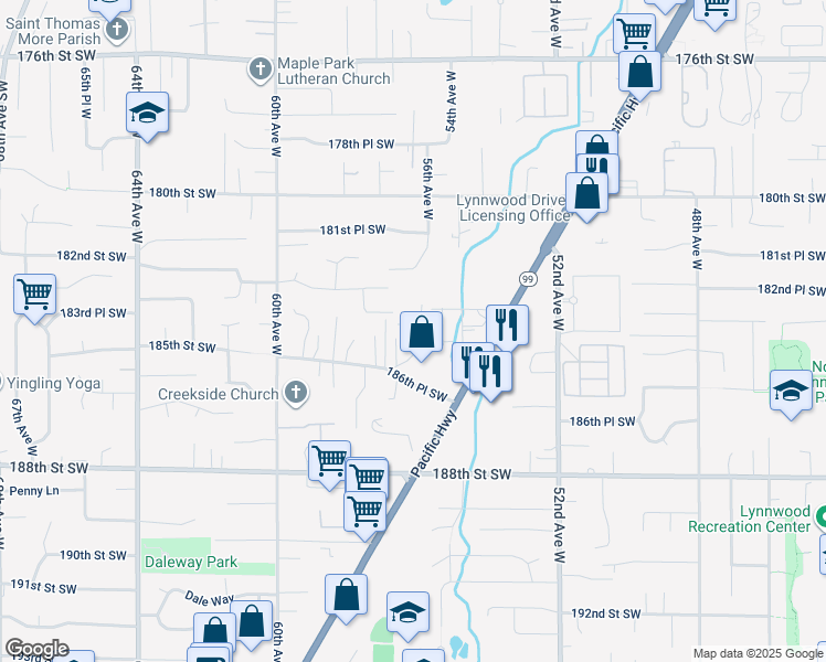 map of restaurants, bars, coffee shops, grocery stores, and more near 18328 Hurst Road in Lynnwood
