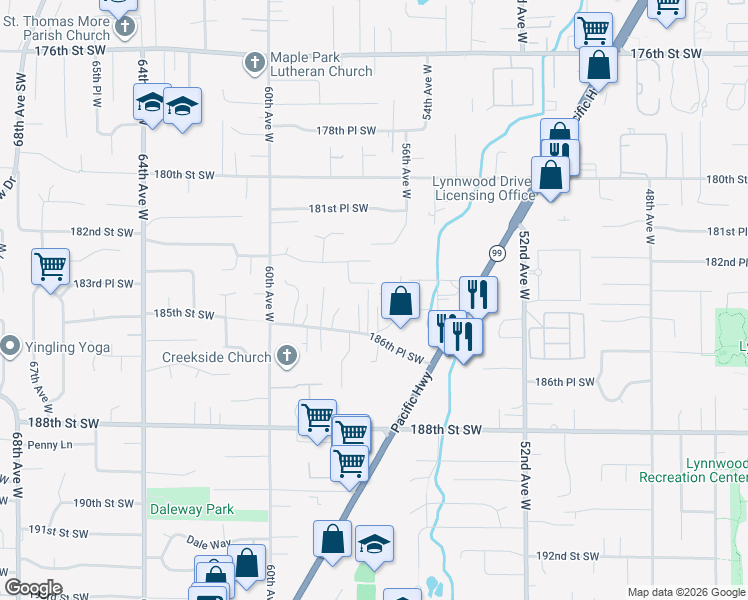 map of restaurants, bars, coffee shops, grocery stores, and more near 18332 Hurst Road in Lynnwood