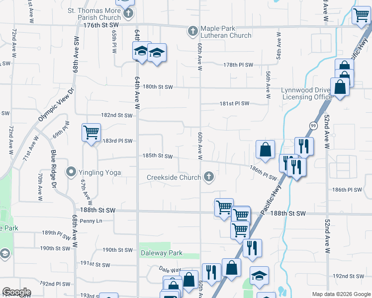 map of restaurants, bars, coffee shops, grocery stores, and more near 18423 61st Place West in Lynnwood
