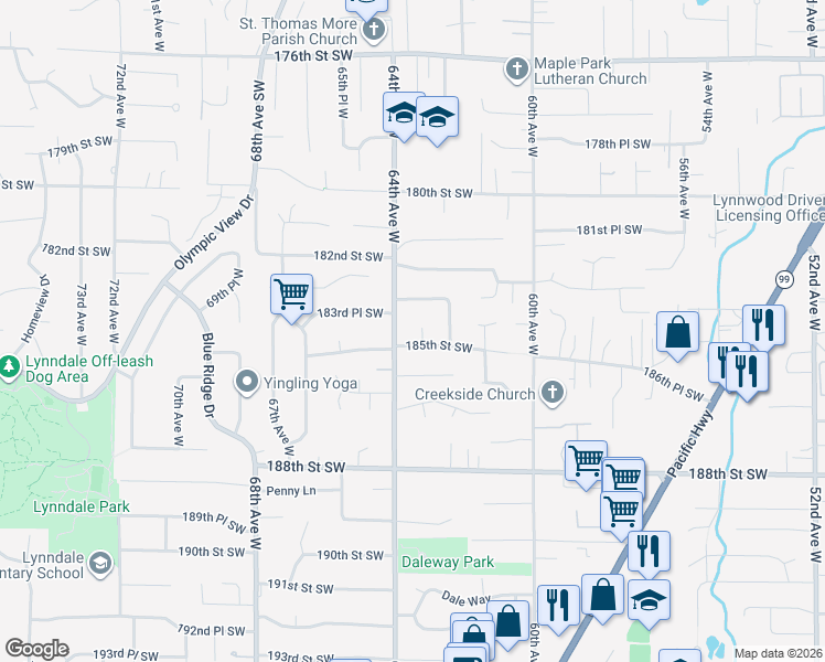 map of restaurants, bars, coffee shops, grocery stores, and more near 18408 63rd Place West in Lynnwood