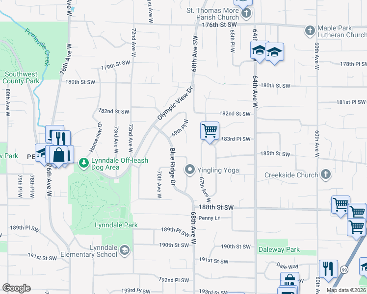 map of restaurants, bars, coffee shops, grocery stores, and more near 18415 Blue Ridge Drive in Lynnwood