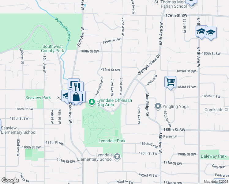 map of restaurants, bars, coffee shops, grocery stores, and more near 18402 72nd Avenue West in Edmonds