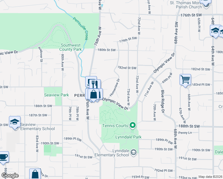 map of restaurants, bars, coffee shops, grocery stores, and more near 18404 Homeview Drive in Edmonds
