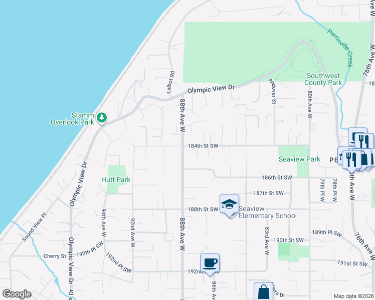 map of restaurants, bars, coffee shops, grocery stores, and more near 18417 88th Avenue West in Edmonds