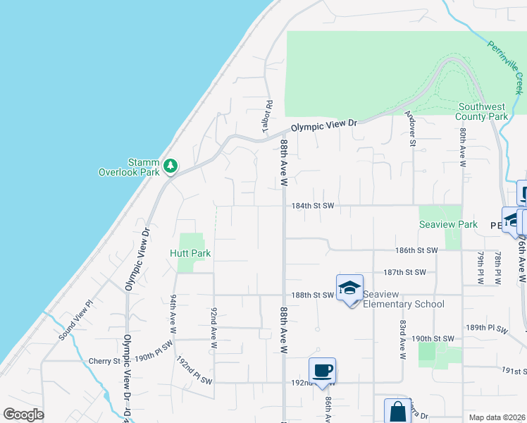 map of restaurants, bars, coffee shops, grocery stores, and more near 18403 90th Avenue West in Edmonds