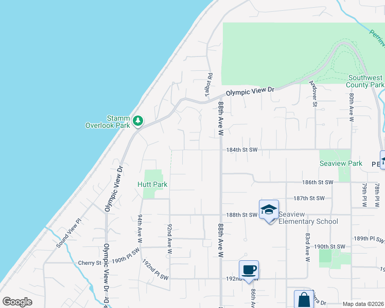 map of restaurants, bars, coffee shops, grocery stores, and more near 9010 184th Street Southwest in Edmonds