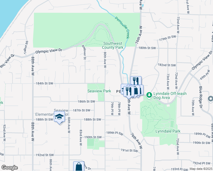 map of restaurants, bars, coffee shops, grocery stores, and more near 18416 79th Place West in Edmonds