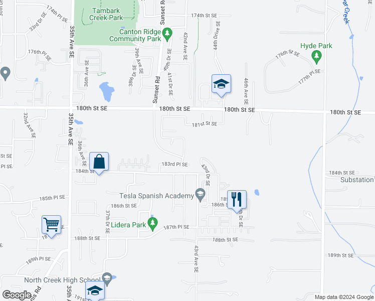 map of restaurants, bars, coffee shops, grocery stores, and more near 18221 42nd Drive Southeast in Bothell