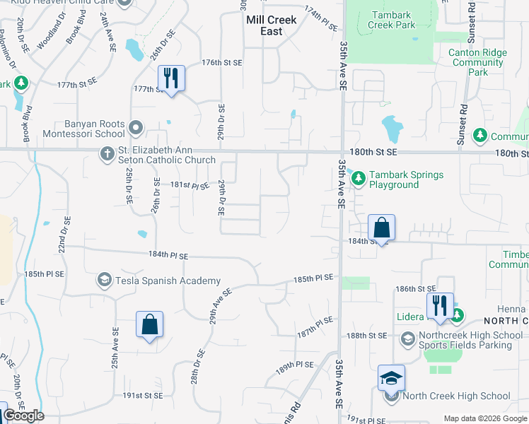 map of restaurants, bars, coffee shops, grocery stores, and more near 3118 183rd Street Southeast in Bothell
