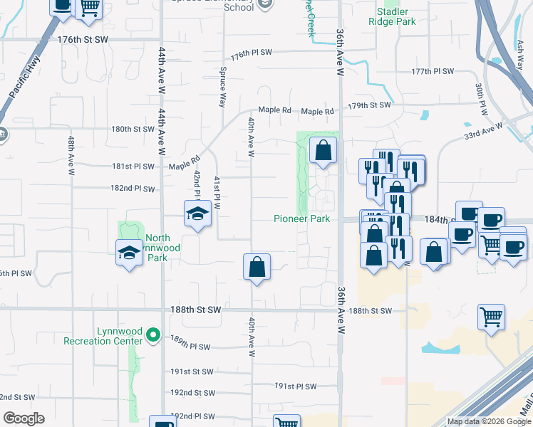 map of restaurants, bars, coffee shops, grocery stores, and more near 3903 184th Place Southwest in Lynnwood