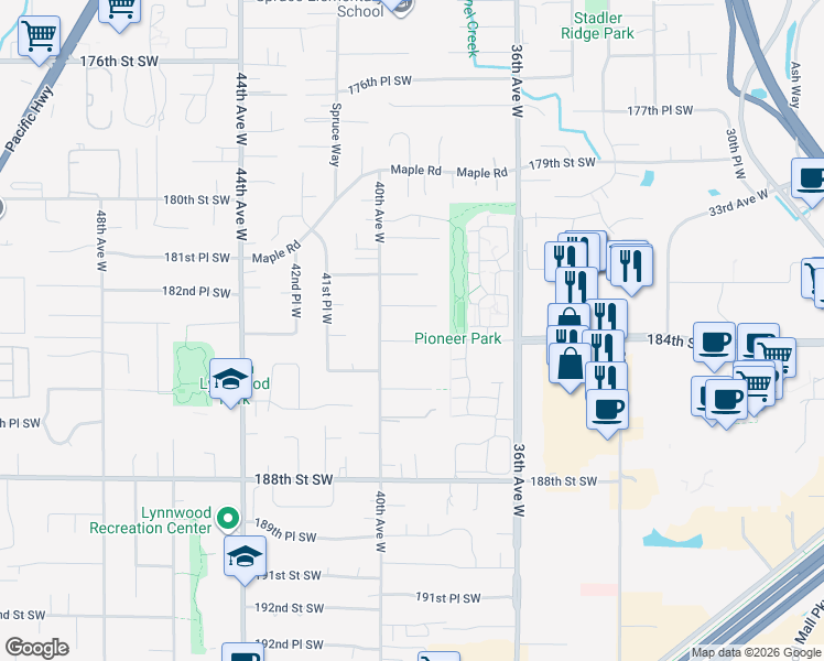 map of restaurants, bars, coffee shops, grocery stores, and more near 3903 184th Place Southwest in Lynnwood