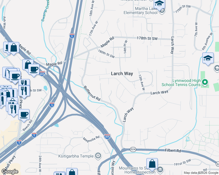 map of restaurants, bars, coffee shops, grocery stores, and more near 18315 17th Avenue West in Lynnwood