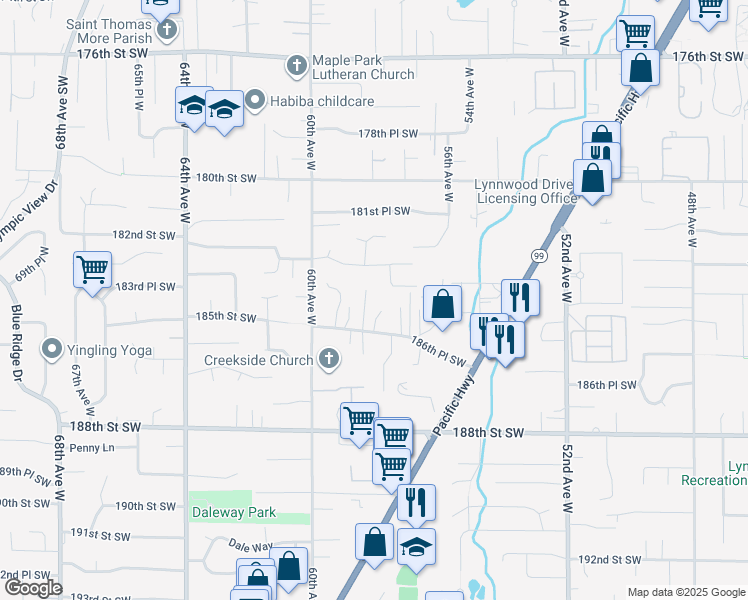 map of restaurants, bars, coffee shops, grocery stores, and more near 18329 58th Place West in Lynnwood