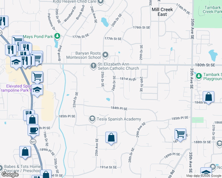 map of restaurants, bars, coffee shops, grocery stores, and more near 18220 26th Drive Southeast in Bothell