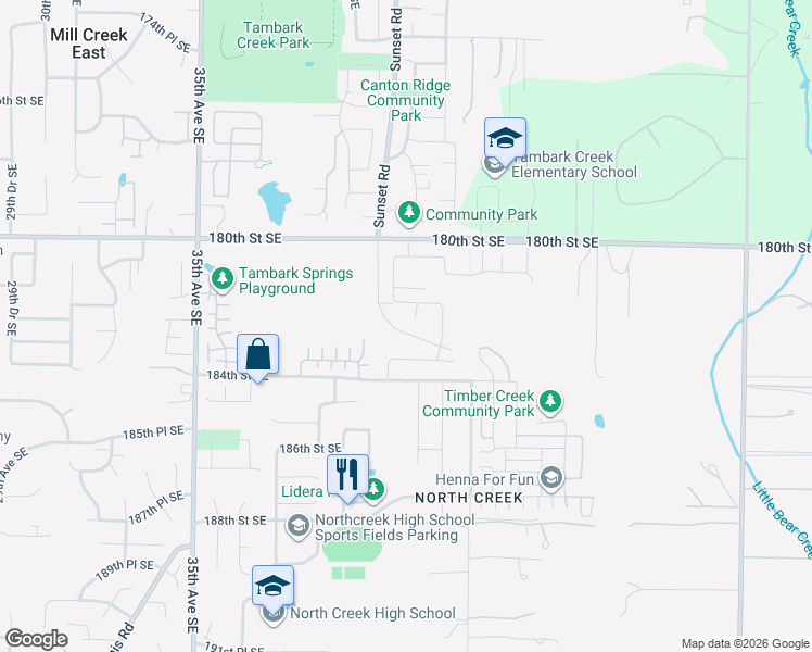 map of restaurants, bars, coffee shops, grocery stores, and more near 18214 41st Avenue Southeast in Bothell