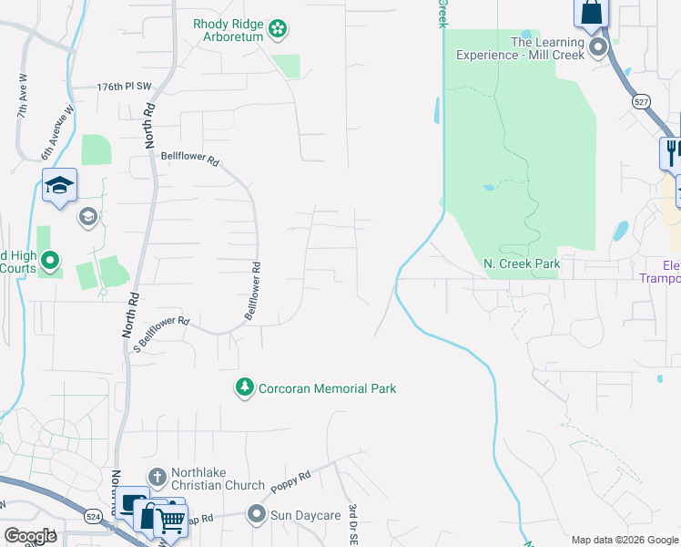 map of restaurants, bars, coffee shops, grocery stores, and more near 323 182nd Place Southeast in Bothell