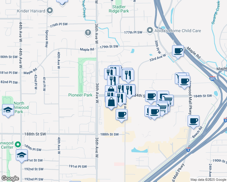 map of restaurants, bars, coffee shops, grocery stores, and more near 3411 184th Street Southwest in Lynnwood