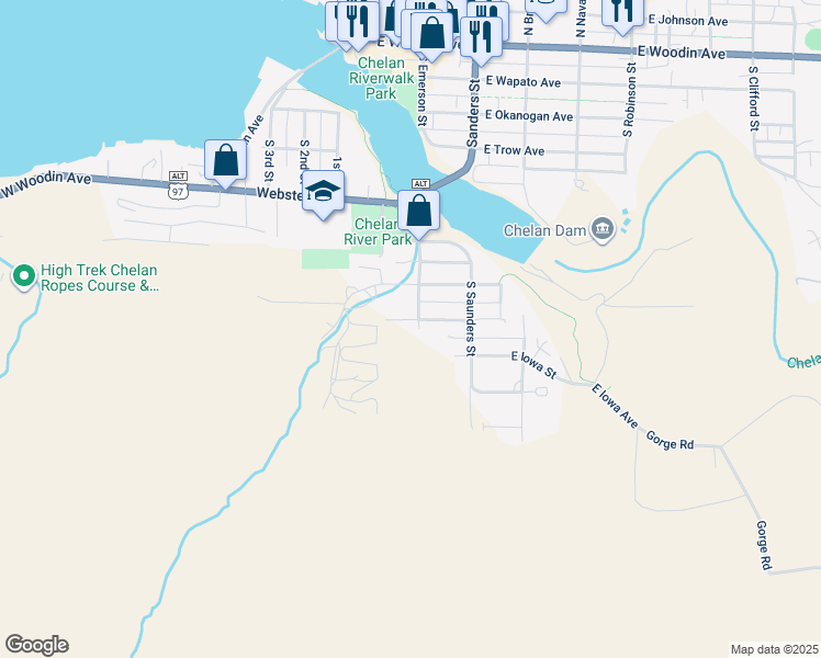 map of restaurants, bars, coffee shops, grocery stores, and more near 104 East Franklin Street in Chelan