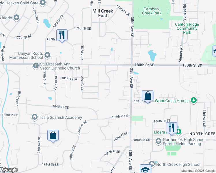 map of restaurants, bars, coffee shops, grocery stores, and more near 3118 183rd Street Southeast in Bothell