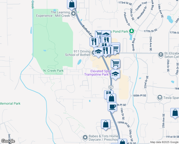 map of restaurants, bars, coffee shops, grocery stores, and more near 1430 183rd Street Southeast in Bothell