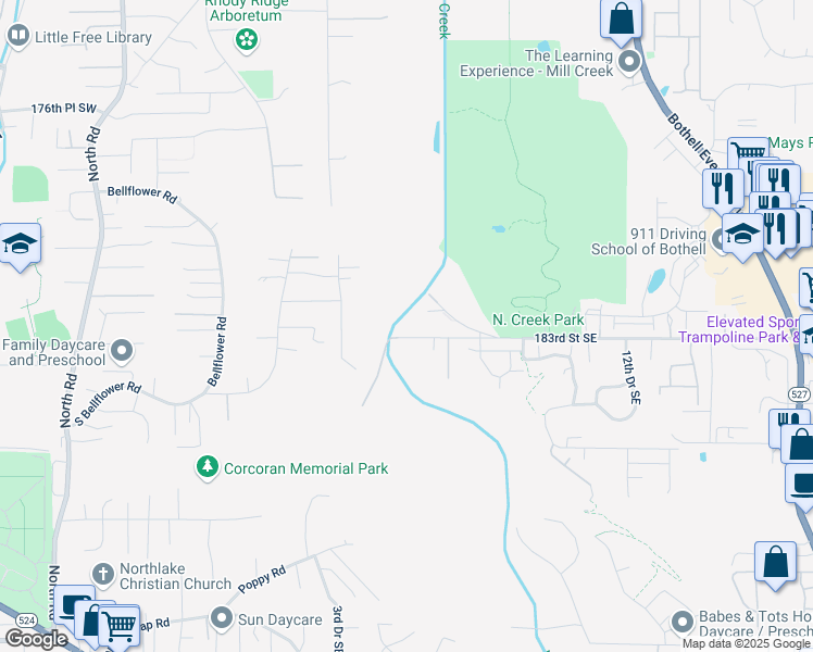 map of restaurants, bars, coffee shops, grocery stores, and more near 527 183rd Street Southeast in Bothell