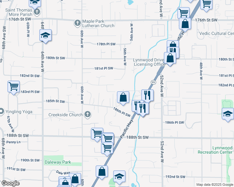 map of restaurants, bars, coffee shops, grocery stores, and more near 18332 Hurst Road in Lynnwood