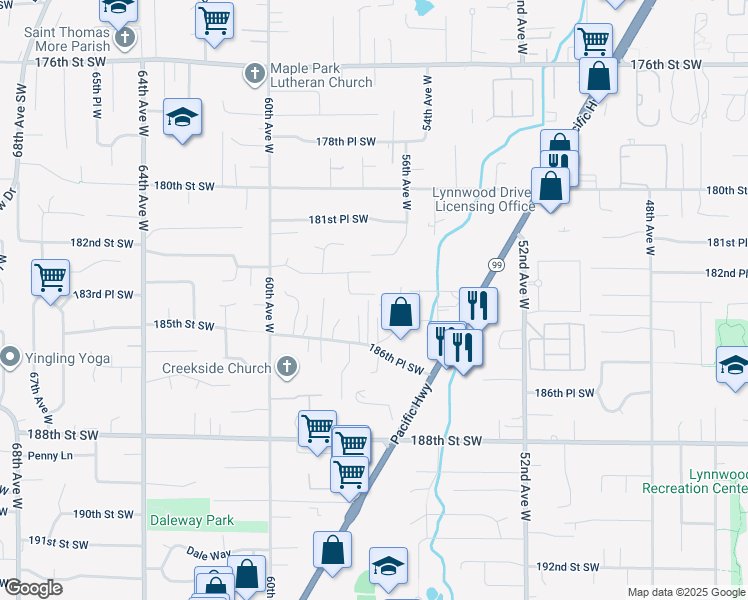 map of restaurants, bars, coffee shops, grocery stores, and more near 18332 Hurst Road in Lynnwood