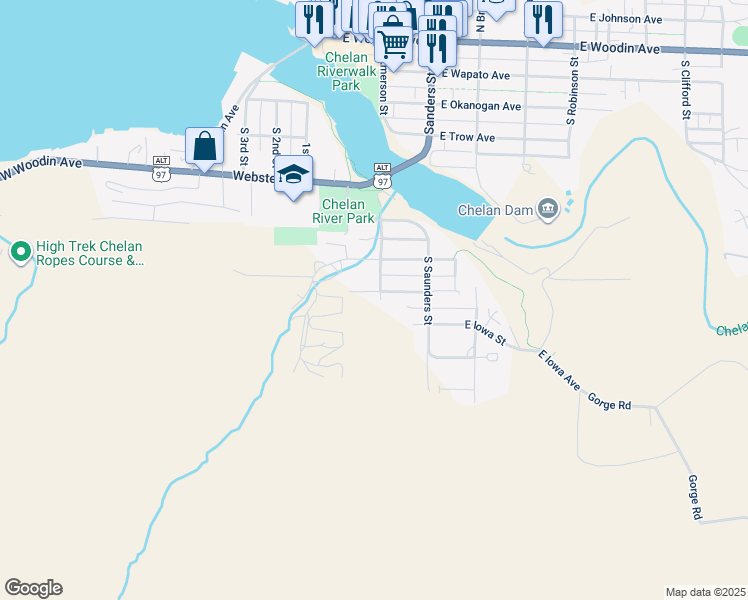 map of restaurants, bars, coffee shops, grocery stores, and more near 104 East Franklin Avenue in Chelan