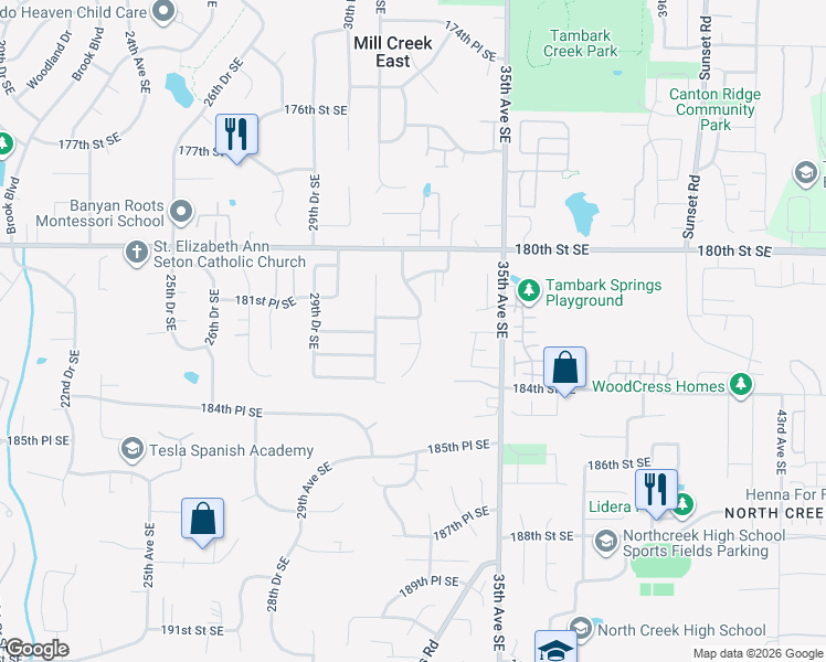 map of restaurants, bars, coffee shops, grocery stores, and more near 3118 183rd Street Southeast in Bothell