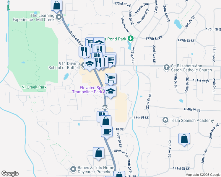 map of restaurants, bars, coffee shops, grocery stores, and more near 18311 Washington 527 in Bothell