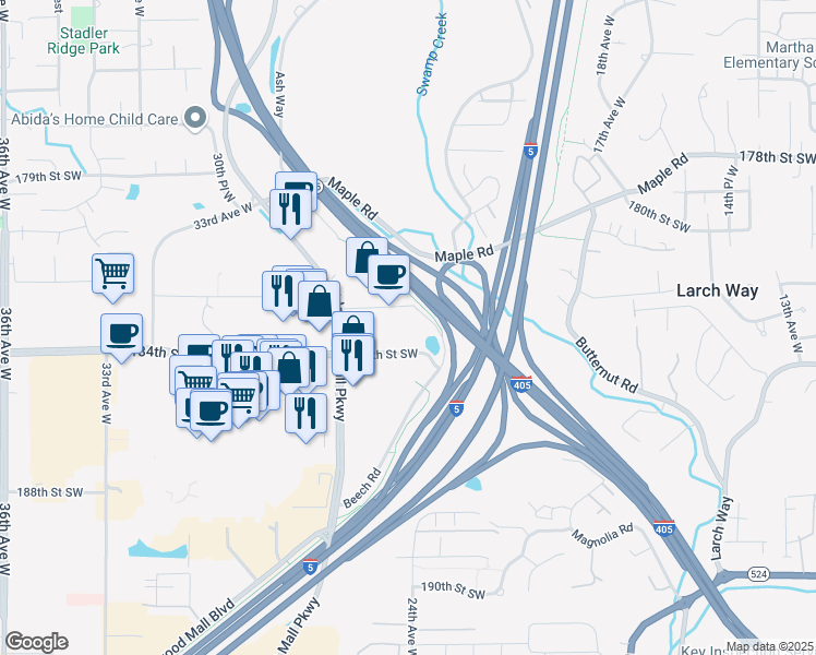 map of restaurants, bars, coffee shops, grocery stores, and more near 18305 Alderwood Mall Parkway in Lynnwood