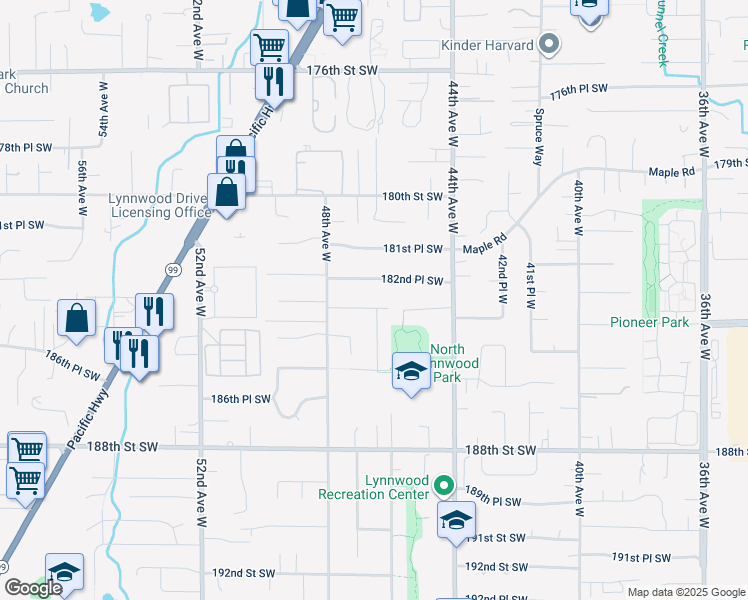 map of restaurants, bars, coffee shops, grocery stores, and more near 4617 183rd Place Southwest in Lynnwood