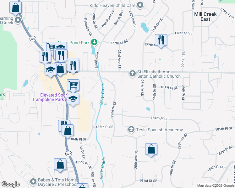 map of restaurants, bars, coffee shops, grocery stores, and more near 18305 22nd Drive Southeast in Bothell