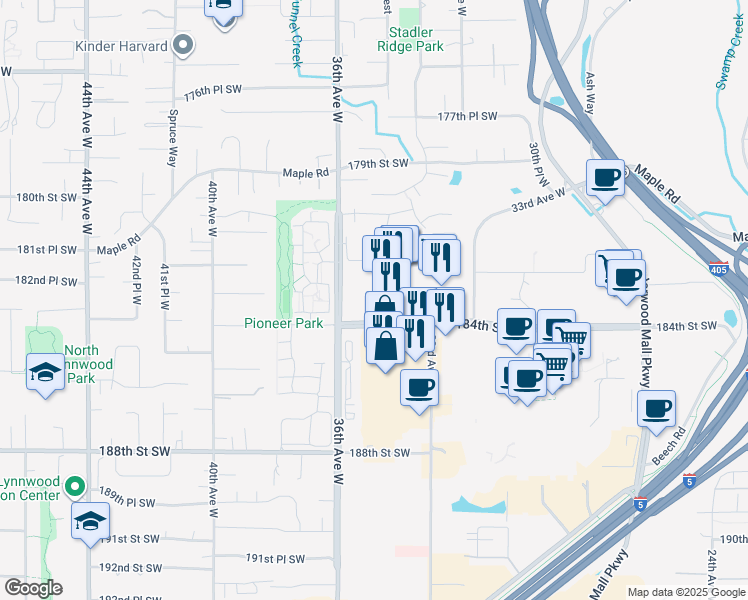 map of restaurants, bars, coffee shops, grocery stores, and more near 3501 184th Street Southwest in Lynnwood