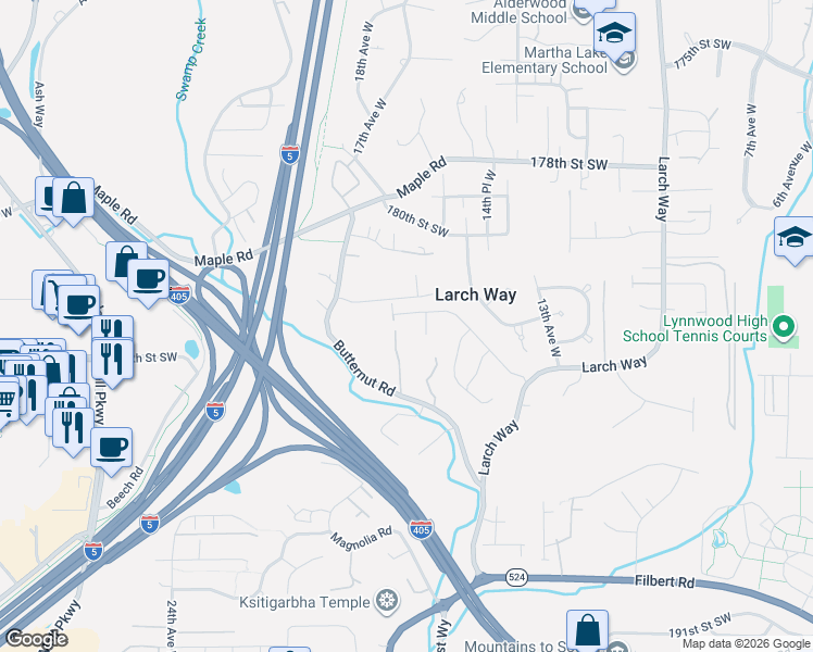 map of restaurants, bars, coffee shops, grocery stores, and more near 1720 182nd Place Southwest in Lynnwood