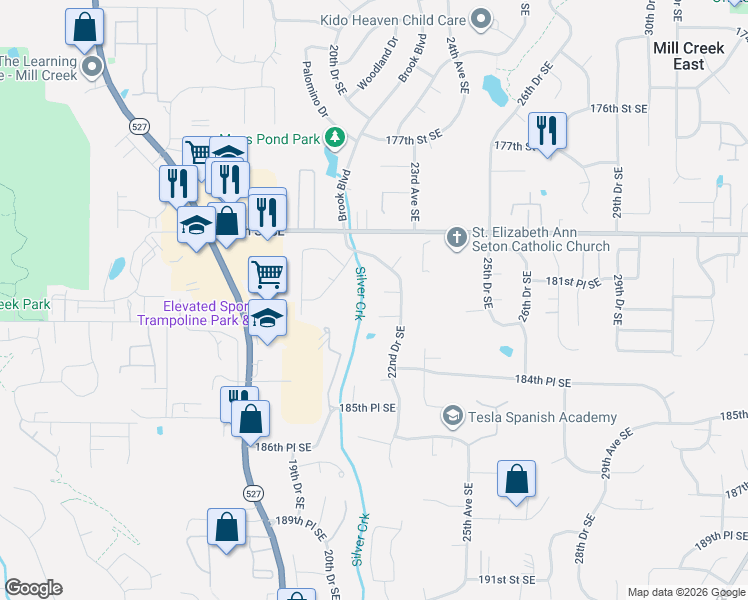 map of restaurants, bars, coffee shops, grocery stores, and more near 2208 182nd Street Southeast in Bothell
