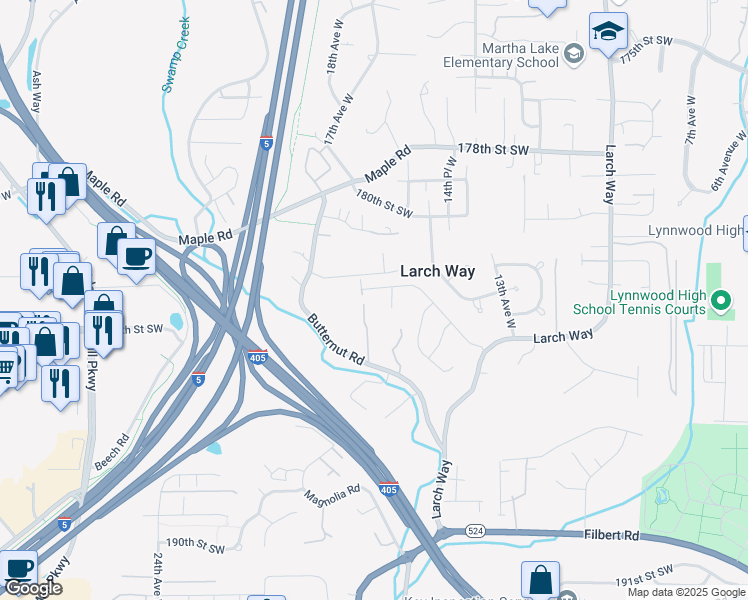 map of restaurants, bars, coffee shops, grocery stores, and more near 18326 16th Place West in Lynnwood