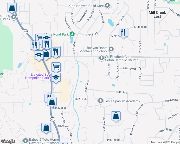 map of restaurants, bars, coffee shops, grocery stores, and more near 18111 22nd Drive Southeast in Bothell