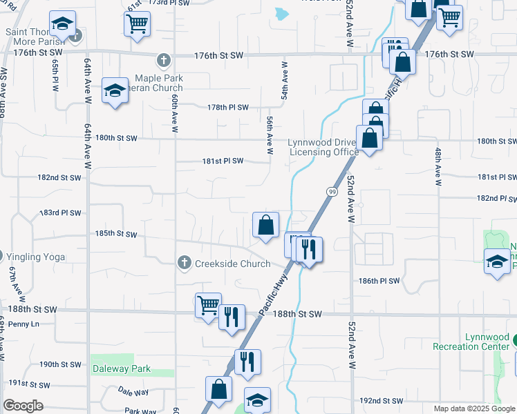 map of restaurants, bars, coffee shops, grocery stores, and more near 18205 56th Avenue West in Lynnwood