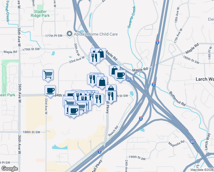map of restaurants, bars, coffee shops, grocery stores, and more near 18305 Alderwood Mall Parkway in Lynnwood