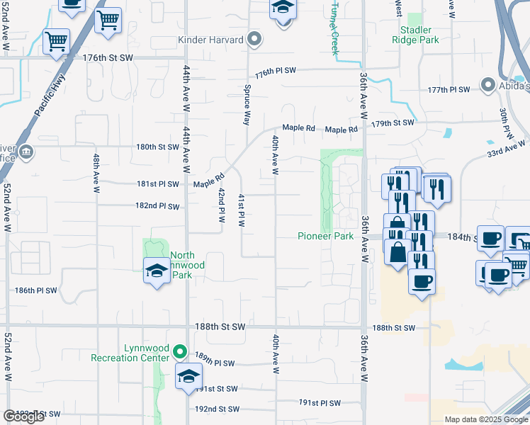 map of restaurants, bars, coffee shops, grocery stores, and more near 1610 182nd Place Southwest in Lynnwood